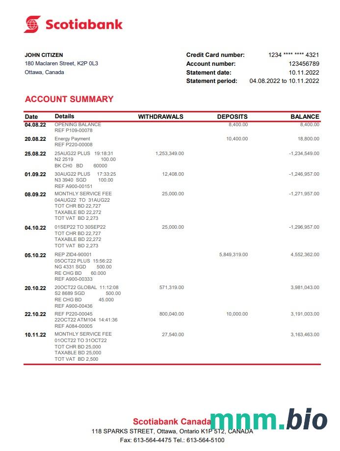 Szablon wyciągu bankowego Canada Scotiabank w formacie Word i PDF